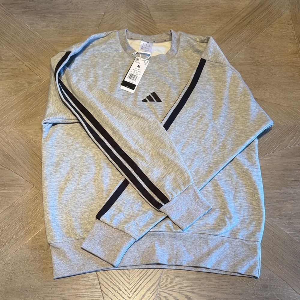 Adidas Men's Light Gray Crewneck Sweatshirt with Black Stripes